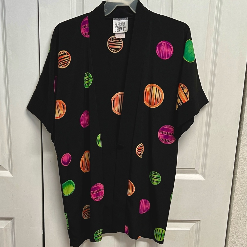 Vintage Barbra Gerwit Black Pea Coat with Colorful Polka Dots Size L